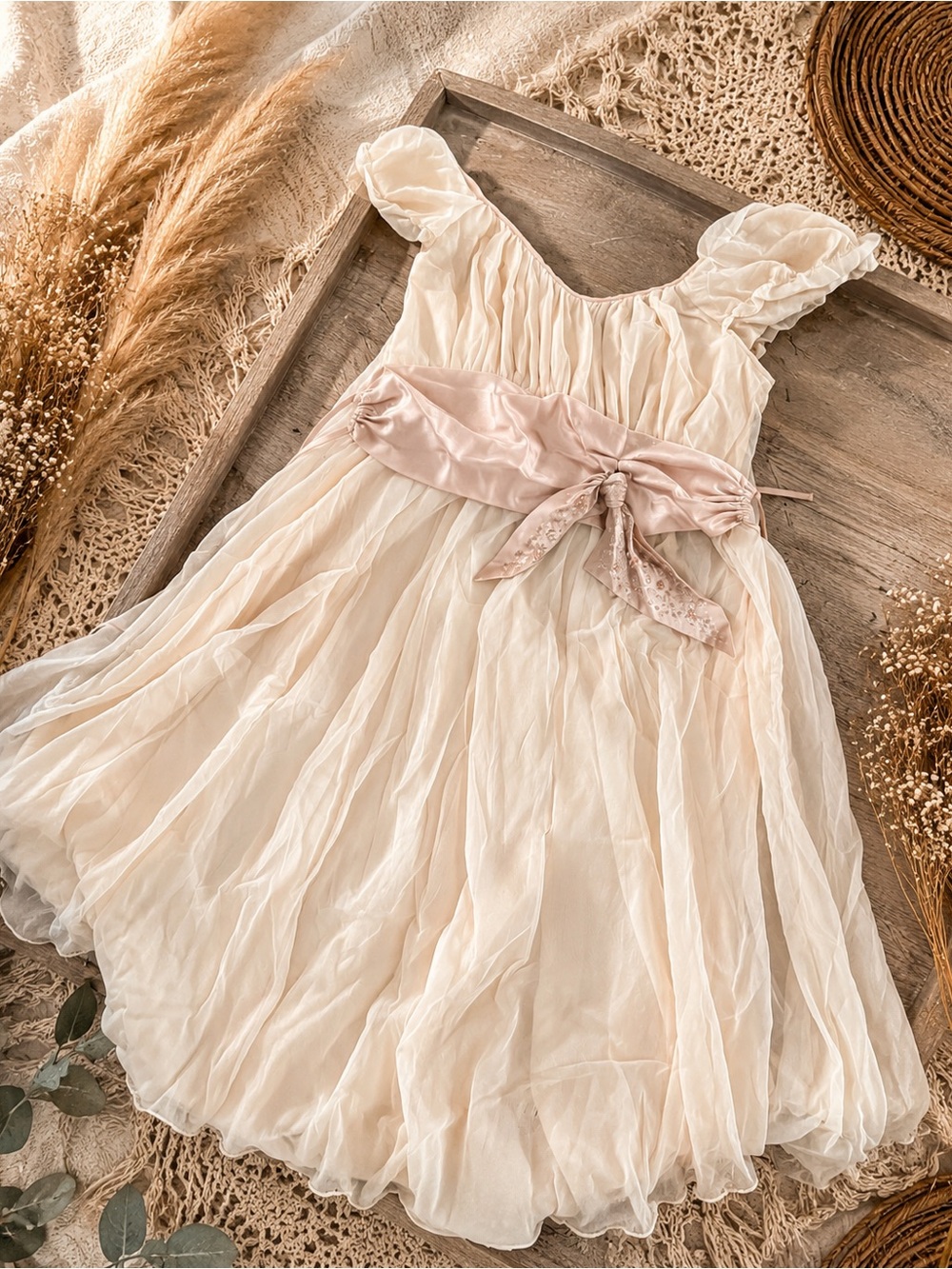 Cream Ruffled Tulle Dress with Pink Sash